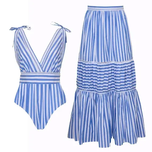 FLAXMAKER Women's V Neck Bowknot Blue Striped Print One Piece Swimsuit and Skirt Set Stylish Beachwear Swimdress Bathing Suit #Summervibes outdoorfun #SwimWeek