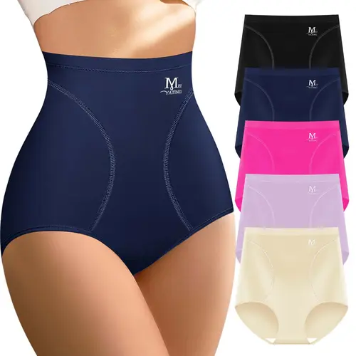 Morelect Women's High Waist Tummy Control Briefs, Plain Letter Print Lightweight Flexible Fit Plus Size Panties, Breathable Gentle Stretch Solid Fabric, 5-Pack Multicolor A, Do Not Dry Clean