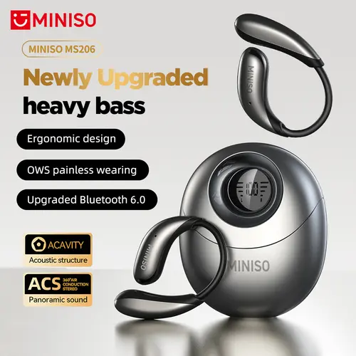 MINISO MS209 Wireless Bluetooth 6.0 In-Ear Button Earbuds - OWS Audio Wearable Tech, Workout Ready Bluetooth Headphones with Built-In Microphone, Active Noise Cancellation, Stable Connection, Mobile Compatible with Android/IOS