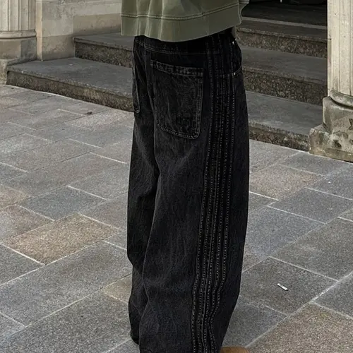 Men's Vintage Striped Wide Leg Jeans, Loose Fit Baggy Casual Pants, Mid-Waist Streetwear, Floor-Length, All-Seasons, Zipper Fly