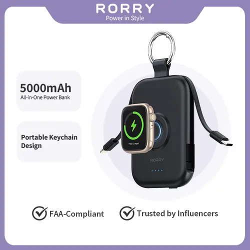 RORRY CharmGo 5000mAh Keychain Power Bank – Built-in USB-C and Lighting Cable, Ultra-Compact Travel Charger for   All iPhones & Apple Watches Device backtoschool,back to school,back to school haul