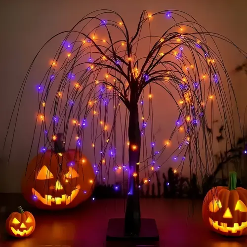 Spooky LED Simulated Willow Tree Decorative Lights, 2 Color-Changing Options, 8 Modes, Dual Battery-USB Power, Dual Mode, Colorful Halloween Decor for Indoor Table Displays & Bedroom Night Use