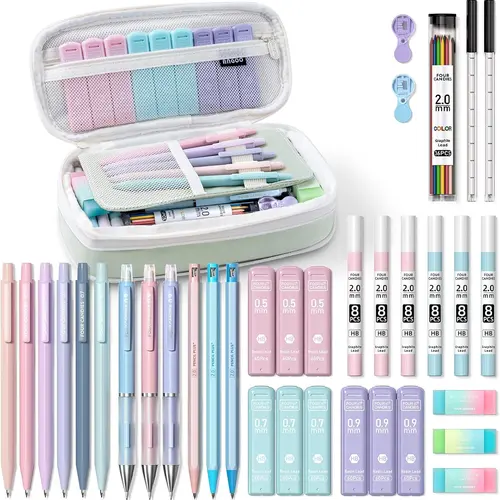 36PCS Aesthetic Polyester Study Stationery Set, 0.5mm/0.7mm/0.9mm/2.0mm Mechanical Pencils with 624 Lead Refills, First Day of School College Supplies, Back-to-School Ready for Writing & Drawing, Ideal Gift