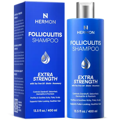 Hermon Anti-Folliculitis Medicated Shampoo - Alcohol-Free, Mild, Plant-Based Haircare Clarifying Shampoo with Salicylic Acid, Tea Tree, Biotin, Ginseng for Adults, Exfoliates, Soothes, Controls Oil, Reactivates Follicles, Anti-Dandruff, All Hair Types, Fo