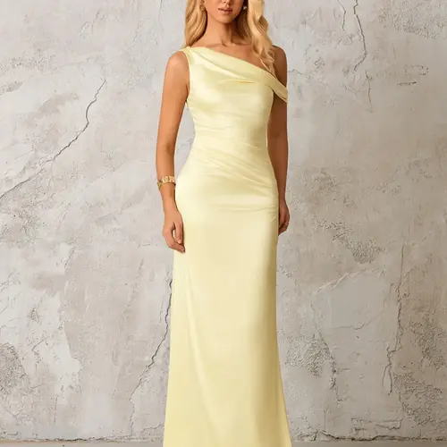 Parthea Sloping shoulders Backless Ruched Satin Dress,Party Cocktail Evening Formal Occasion Long Dress