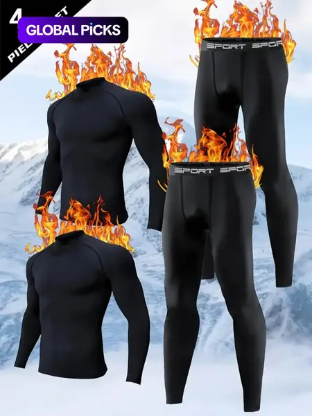 4PCS RUKIOO Men's Compression Sports Set – Thermal Wear Base Layer with Stand Collar & Raglan Sleeves, Polyester/Elastane, Breathable & Stretch, for Fall/Winter Outdoor Training, Cycling & Running, Compression Garment, Compression Sportswear