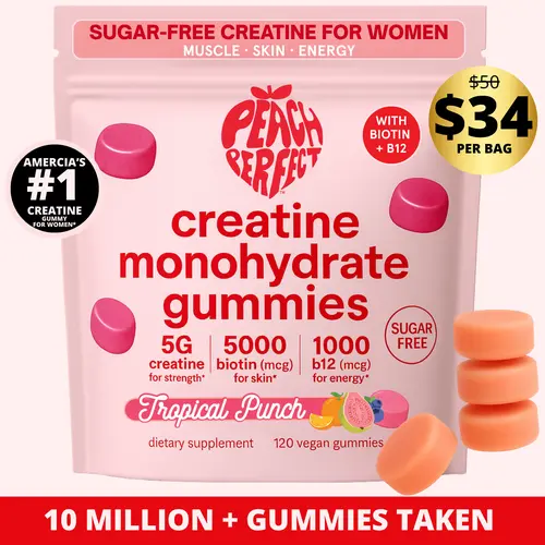 Peach Perfect Creatine Monohydrate Gummies for Women 5g Vegan Micronized Creatine 5000mg Biotin 1000mg B12 Tropical Punch Flavor Sugar-Free Energy Performance 30 Servings - Fitness Supplements