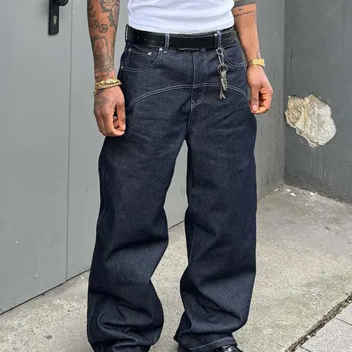 Deep Blue Loose Fit Retro Style Jeans, High Street Fashionable Denim, All-Season Casual Wear, Floor-Length, Zipper Fly, Natural Waist