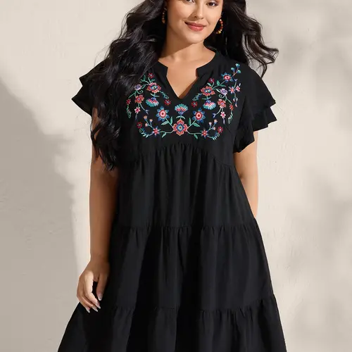 BLOOMCHIC Women's Plus Size Curvy Summer Spandex-Polyester Dress - Embroidered V-Neck Ruffle Sleeve, Flowy Stretch, Affordable Fashion, Floral Style, Easy Throw-On for Casual Plans, Mom's Vacation Outfit, Regular Fit Flatters Curves Softly, Plussize, Curv