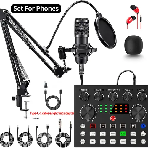 ZealSound V8S Content Creator Kit - USB Type-A Audio Interface, Condenser Live Mic, Sound Card, Headphones, Voice Changer, Lightning Adapter, Studio Monitor, Shock Mount (USB-C, iPhone, Laptop, PC, Tablets, Streaming Equipment, PC Accessories)