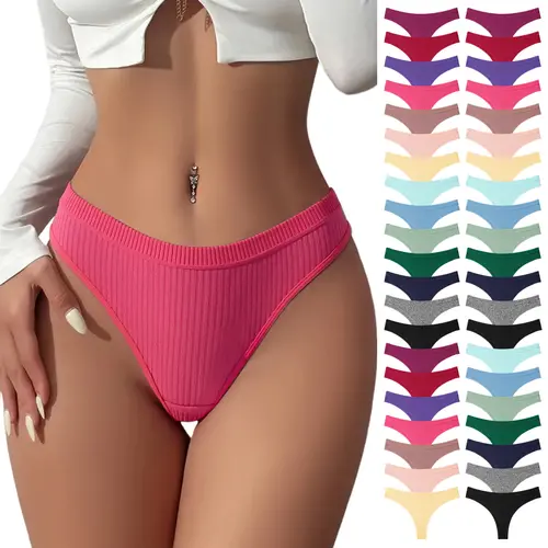 Hotcom Women's 7/10/14pcs Solid Color Cotton Thongs Set - Ribbed, Gentle Touch, Soft, Breathable, Chic, Minimalist Basic Fit, Plussize Friendly, Easy Styling, Machine Washable, Cool All-Day Wear, Drop Waist, Plus Size, All Seasons Daily Wear, Cotton, Gent