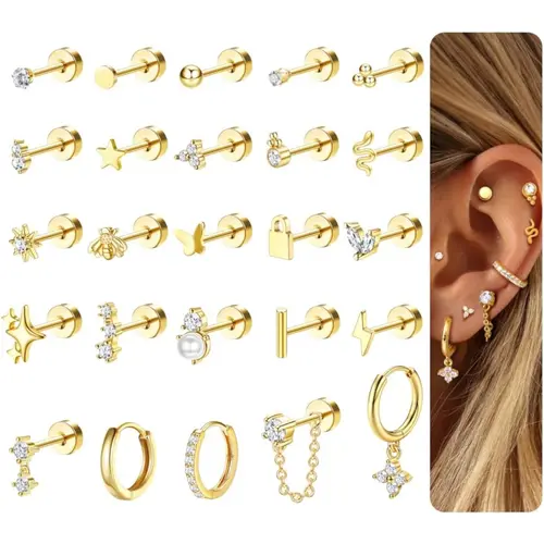 Jstyle 25-Pc Single Earring Stacks, Nickel-Free Safe Stackable Set, Hypoallergenic Surgical Stainless Steel for Women, Lightweight Barely There Studs, Gold-Tone Flat-Back Cartilage Hoops (Not Sold In Pairs)