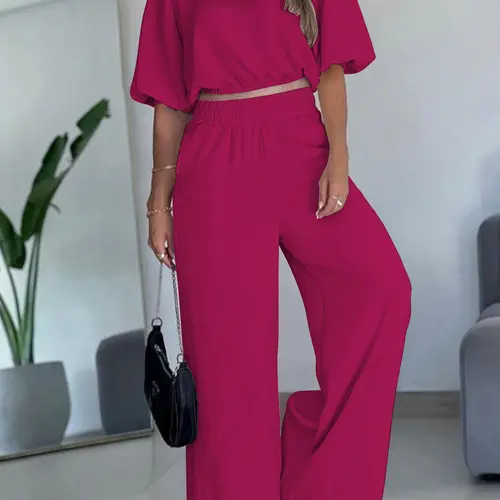 Women's Vintage Lantern Sleeve Two-Piece Set, Round Neck Crop Top & Straight Leg Pants, Casual Loose Fit, Spring Summer Fall Wear