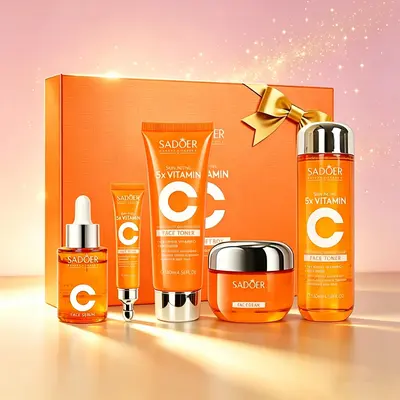 5X Vitamin C Facial Care Set 6-Piece Pack with Cleanser Toner Face Serum Cream & Eye Cream Gentle Skin Cleaning Care Travel Size Kit for Moisturizing, Smoothing Fine Lines, Healthy-Looking Glow - Daily Skincare, Great Gift Daily, Thoughtful Gift for Mom