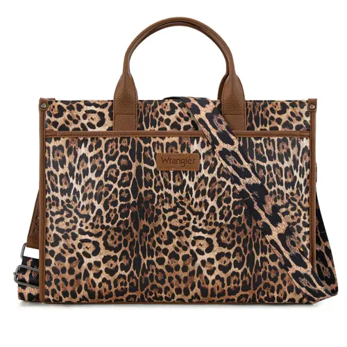 Wrangler Heavy-Duty Carry-All Large Capacity Tote Work Laptop Bag with Leopard Print & Detachable Strap for Women's Commute & Everyday Use - Commuter Purse