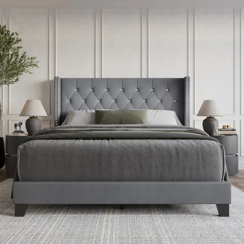 Favorer Monroe Tufted Upholstered Velvet Wingback Panel Bed Frame - High Headboard, Diamond Tufting, Nailhead Trim, Transitional Apartment Furniture (Multi-Size: Full 82.1"l x55.9"w x48.4"h, Queen, King; Box Spring Required for Adults), Full Size Bed, Bed