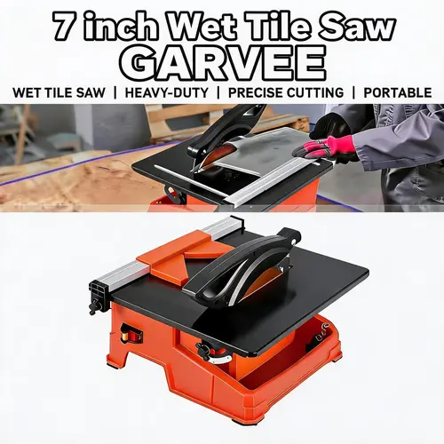 【GARVEE】7 in Wet Tile Saw Tool, 6500 RPM Copper Motor Cutter with 0-45° Bevel Cutting, Water Reservoir, Galvanized Steel Components, 16mm Cut Capacity, Mini Feet Plugs for Ceramic, Porcelain, Stone DIY Home Projects (Tools Category), Water Cooling System