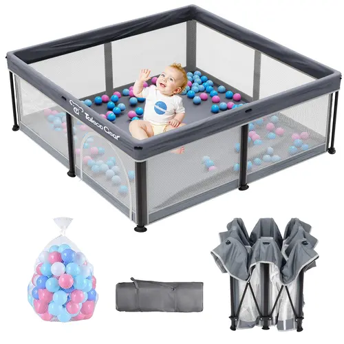 Foldable Baby Playpen for Babies and Toddlers, Large 50x50 Inch Portable Activity Center with Breathable Mesh, Zipper Gate, Mat & 50 Ocean Balls, Collapsible Play Pen For Babies, Playpen Play Yard Safety Play Yard