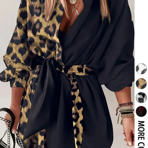 Women's half leopard and solid color-block button-down shirt with collar, balloon sleeves, and matching waist tie, a relaxed flowy piece for vacation, date nights, and casual outings, Collared Neck Blouse