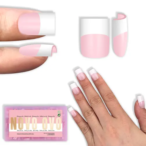 NOVO OVO Press on French Tip Nails - 240-Piece Multi-Pack, Old School Wide White Short Sharp Square Tip, Milky Pink Soft Gel Full Cover, No Glue or UV Lamp Needed, Requires Builder Gel Top Coat Nail Glue, Salon/DIY Extensions (15 Sizes) #backtoschool