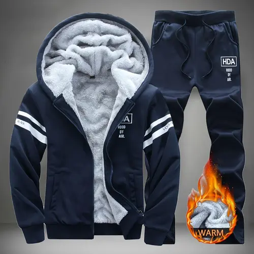 Men's 2-Piece Thick Warm Solid Polyester Hooded Set - Male Athleisure Loose-Fitting Long Sleeve Top & Tracksuit for Winter Streetwear, Outdoor Activewear, Gym Sportswear