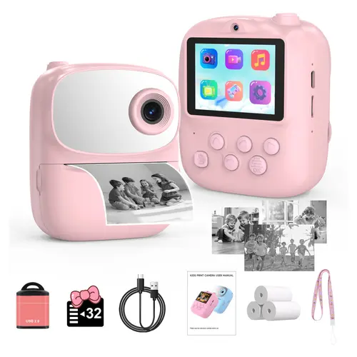 【tiktokshopbacktoschool】Kids Instant Print Camera (with 3 Rolls of Paper), 2.4" LCD Screen, Rechargeable 1080P Pocket Camera, 12MP Photos, Thermal Paper Printing (No Ink Needed), Birthday Gift for Boys & Girls, Portable Lens Camera