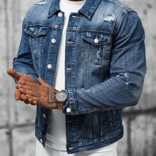 Stylish Streetwear Men Ripped Distressed Slim Denim Jacket Male Casual Jean Jacket Coat Menswear Tops Long Sleeve Slim Street Style Denim Jacket DFYD