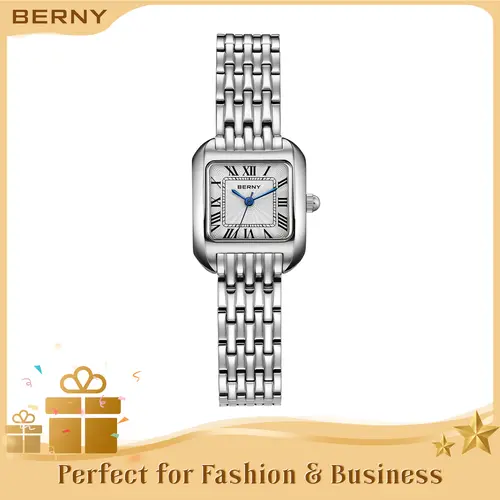 BERNY Silver Watches for Women Classic Square Quartz Timepiece Adjustable Stainless Steel Bracelet for Small Wrist Waterproof Roman Numerals Elegant Vintage Female Wristwatch for Business Casual Outfits Christmas Gift Reloj, Sohochic, Fall Fashion