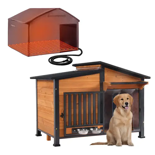 Aivituvin-AIR7021-IN-HP Extra Large Heated Insulated Metal-Frame Wooden Outdoor Dog House Kennel, 55.9"l x 31.8"w x 35.4"h, Waterproof, Rain/Wind Shield Roof, Detachable Liner, Heating Pad, 117 lbs Capacity for Year-Round Warmth, Animal Comfort