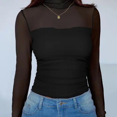ANRABESS Womens Sexy Mesh Long Sleeve Shirts Trendy Mock Neck Sheer Ruched Going Out Tops Fall Slim Fit Blouses 2026
