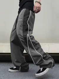 Men's Black Colorblock Casual Joggers - Streetwear Clothing Sweats, Embroidered Straight Leg with White Side Stripes, Drawstring Waist Polyester Men's Wear for Casual Gym, Gifts for Him,father'sdaygifts Wide Leg Sweatpants Widelegsweatpants