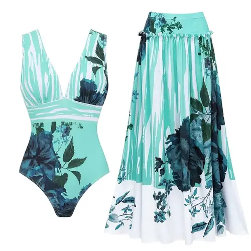 FLAXMAKER Women's V Neck Blossom Print One Piece Swimsuit and Matching Skirt Set Beachwear Swimdress Bathing Suit Beachdress Stylish Beachwear #Summervibes outdoorfun #SwimWeek