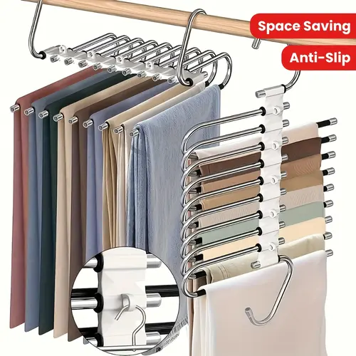 9-Tier Stainless Steel Multifunctional Hanger - Foldable, Non-Slip Coating, 5 Extra Hooks, Space-Saving Closet Organizer for Hanging Trouser, Yoga Pants, Leggings, Jeans,dorm essentials,home decor