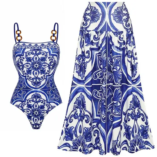 FLAXMAKER Women's Classic Blue Majolica Print One Piece Swimsuit and Skirt Set Bathing Suit Adjustable Shoulder Straps Swimwear #Summervibes outdoorfun #SwimWeek