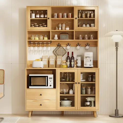 Large Kitchen Hutch with 4 Door &2 Drawer, Sideboard Buffet, Storage Pantry Cabinet with Hanging Rack & Adjustable Shelf for Dining Room, Living Room Freestanding Cupboard