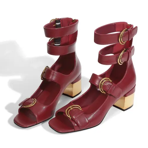 Women's Elegant Heeled Sandals - Footwear with Chunky Low Block Heel, Open Toe, Strappy Ankle Strap, Comfortable Gold Casual Trendy Dress Sandals