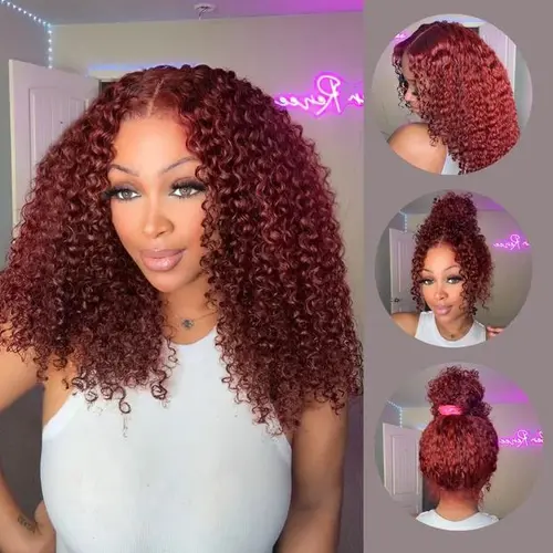Ashimary Women's Human Hair 360 Lace Frontal Wig, Female Reddish Brown Kinky Curly, Invisi-Strap Snug Fit, 7x5 Transparent Lace, Bleached Knots, Pre-Cut, Drawstring Equipped #Summervibes