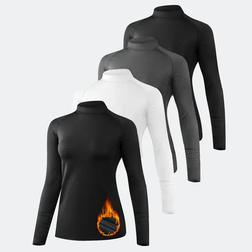 Women's 4-Pack Thermal Long Arm Sleeve Turtleneck Tops, Fleece-Lined Compression Solid Base Layers, Stylish Elegant Fit Winter Cold Day Wear
