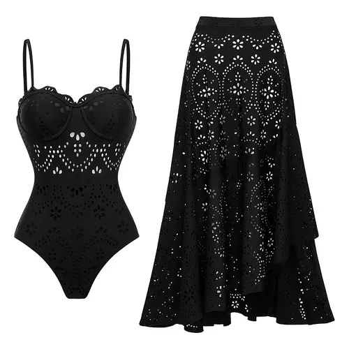 FLAXMAKER Women's Black Laser Cut Push Up One Piece Swimsuit and Matching Maxi Skirt Beachwear Swimdress Bathing Suit Set#Summervibes #SwimWeek
