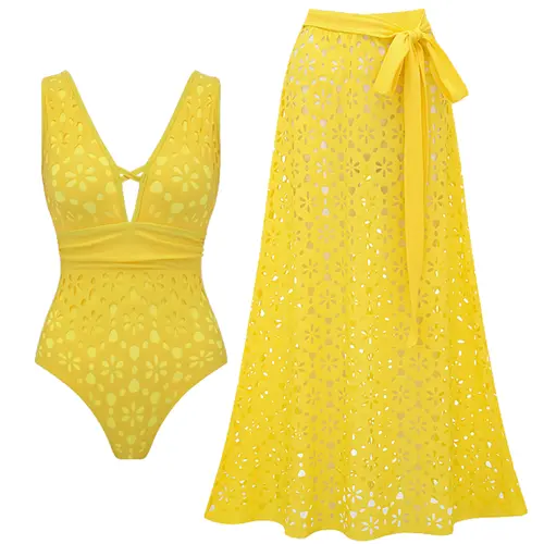 FLAXMAKER Women's Yellow Color Laser Cut Hollow One Piece Swimsuit and Matching Skirt Set Beachwear Swimdress Bathing Suit Tummy Control Bathing Suit Stylish Beachwear #Summervibes outdoorfun #SwimWeek