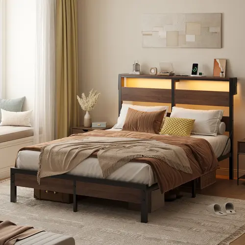 Pinmoco Bed Frame with Storage Headboard and Charging Station, Walnut Platform Bed Frame with LED Light, Non-Slip Metal Bed Frame, Noise-Free, Easy Assembly