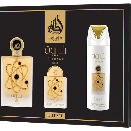 Tharwah Gold 3-Piece Gift Set – Eau de Parfum | 100ml (3.4 Fl Oz) + Deodorant Spray + Pocket Perfume for Men