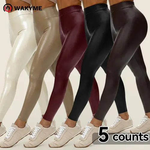 WAKYFIT Women's Minimalist Street Plain High Waist Skinny Pants Slim-Fitting Faux Leather Trousers for Fall & Winter Casual Basic Chic Fashion Bottoms Womenswear
