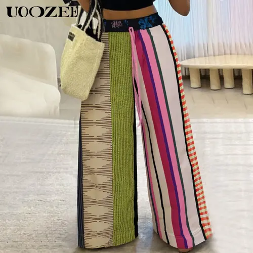 UOOZEE Women's Striped Pants, High-Waist Loose Fit Wide Leg Polyester Trousers with Pockets and Contrast Drawstring, Breathable Casual Bottoms, Bottom, Pants For Women, Loose Fit Wide Leg Pants,clothes for back to school,first day of school outfits