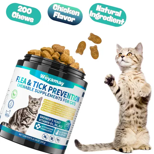 Woyamay Cat Flea & Tick Prevention for Cats, 200 Chewables, Natural Cat Flea and Tick Chews with Omega-3 Multivitamin Daily Supplement Support Skin & Coat Chicken Flavor #DealsForYouDays #SummerWins