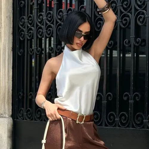 Summer Women's Halter Top Casual Fitted Sleeveless Satin Vest Backless Top Black Pink White Brown Orange Pink Elegant Women's Top Casual Brown Sexy Streetwear Tops