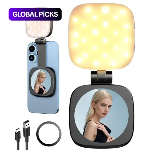 Magnetic Selfie Light with Mirror, Rechargeable Photography Light, Retractable Foldable Pocket-Size Portable Mini Dimmable Fill LED Ring Light for Phone, Selfie Led Lights, Selfie Accessories for Video Recording, Live Streaming, Makeup, Vlog #GLOBAL PICKS