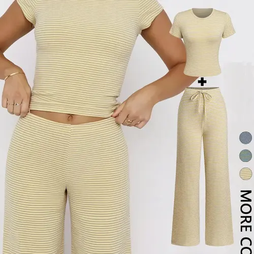 Women's Casual Fitted Striped Knit Round Neck T-Shirt & Pants Two-Piece Outfit, Two Piece Sets, Knitted Fashion Set, Stylish Comfy Set for Spring & Fall Daily Wear, Womenswear, Clothes