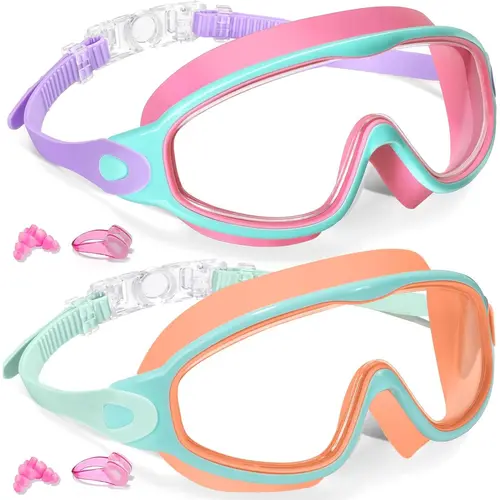 2 Pack Kids Swim Goggles Set - UV Protective Goggles for Swimming (3-15 Years) with Anti-Fog 1-Piece Lens, Adjustable Strap, Earplugs, Nose Clip for Boys Girls Youth Toddler (Back to School)