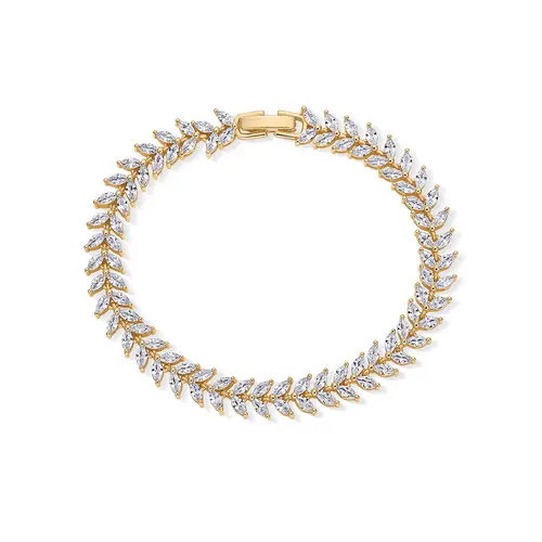 PAVOI 14K Gold Plated Tennis Bracelet - Gold Tennis Bracelets for Women - Marquise Cut CZ Leaf Bridal Bracelet 7" - Trendy Wedding Jewelry